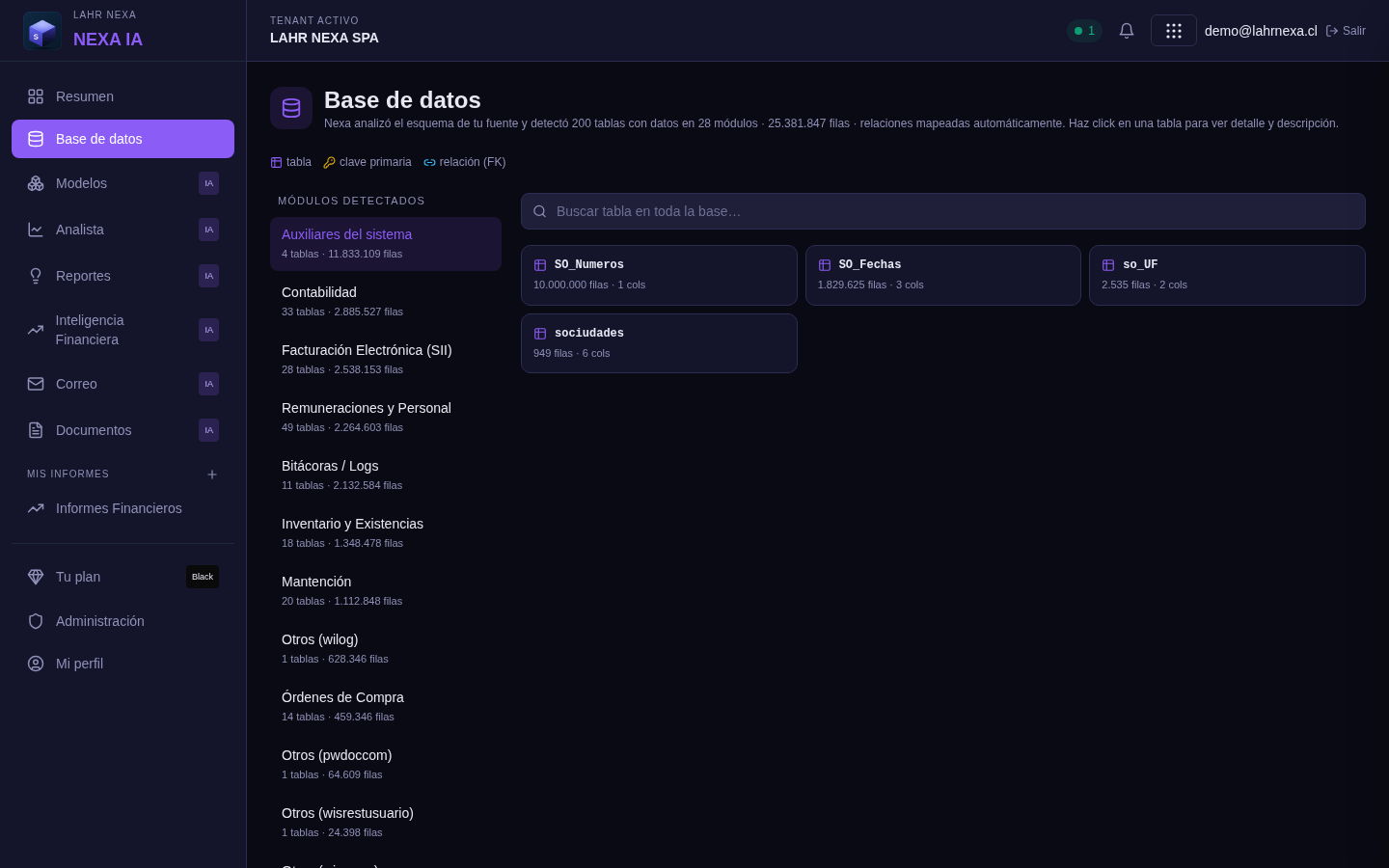 Explorador de base de datos en Nexa IA.