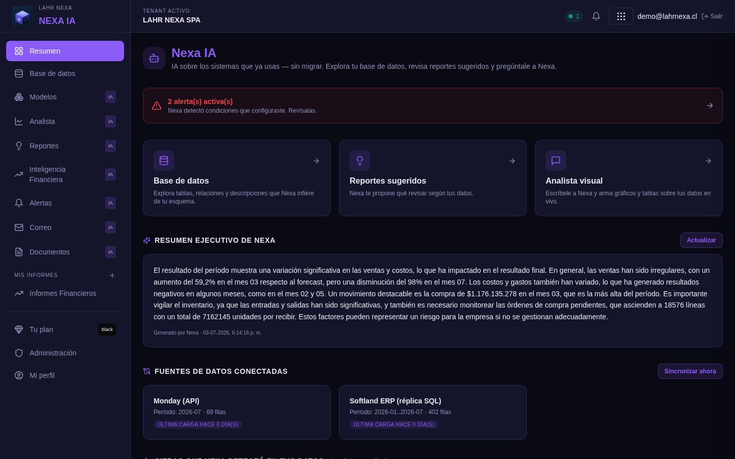 Resumen de Nexa IA con las fuentes conectadas y las cifras detectadas.