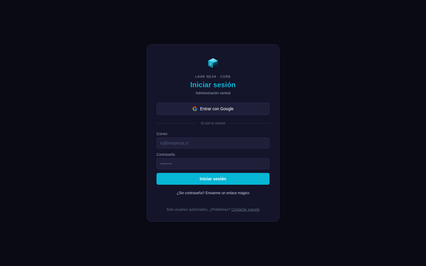 Login unificado de la suite: Entrar con Google, correo y contraseña, o enlace mágico.