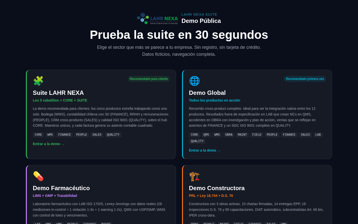 Demo pública de LAHR NEXA: elige el sector más parecido a tu empresa.