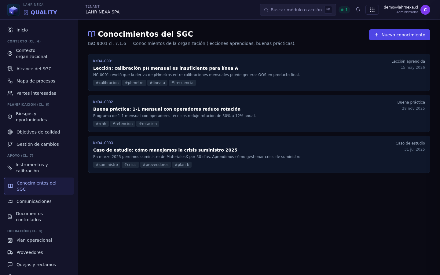Conocimientos del SGC en QUALITY.
