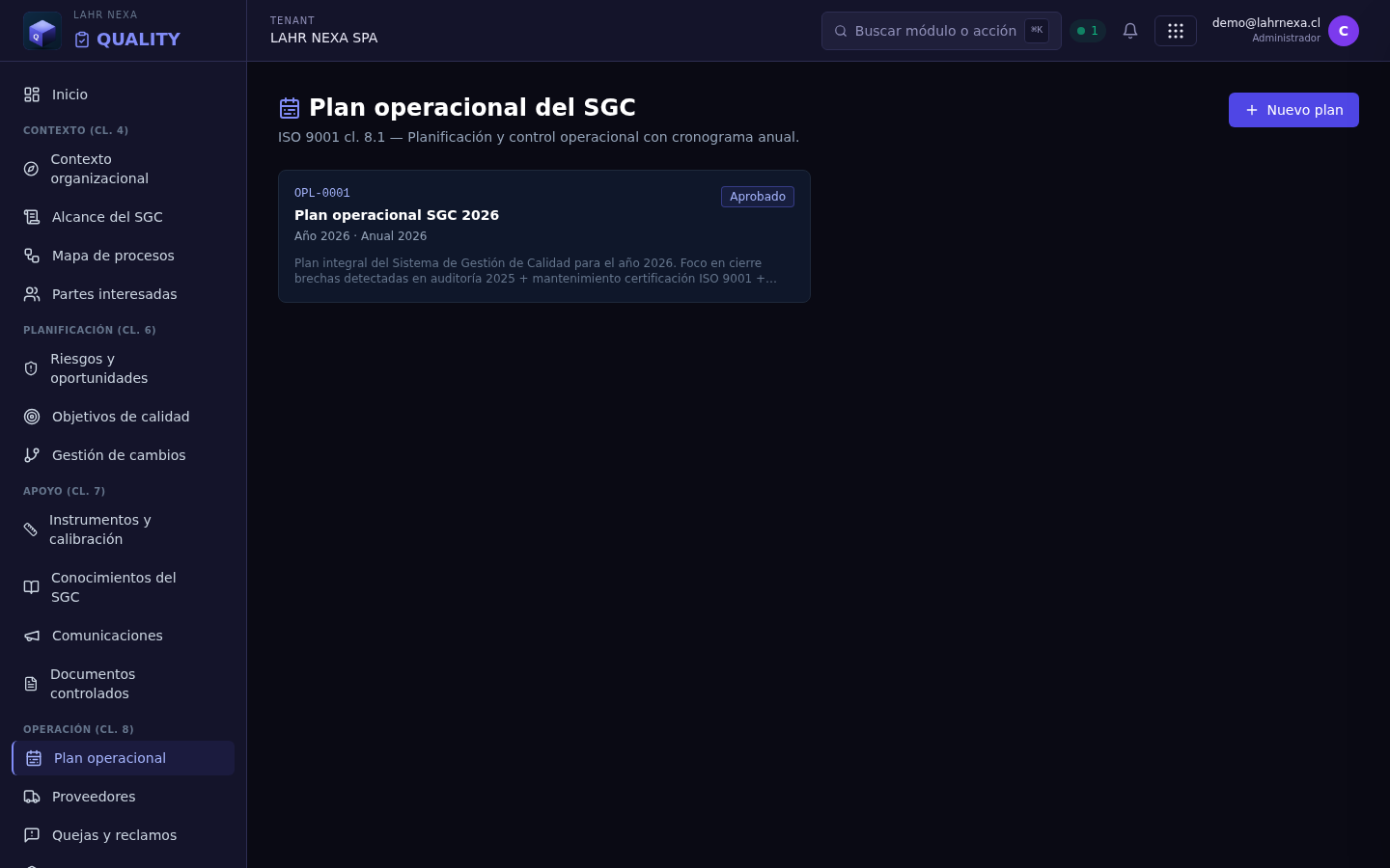 Plan operacional en QUALITY.