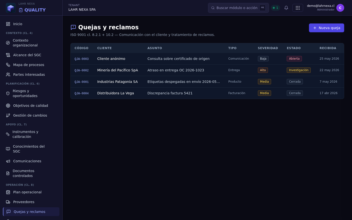 Reclamos en QUALITY.