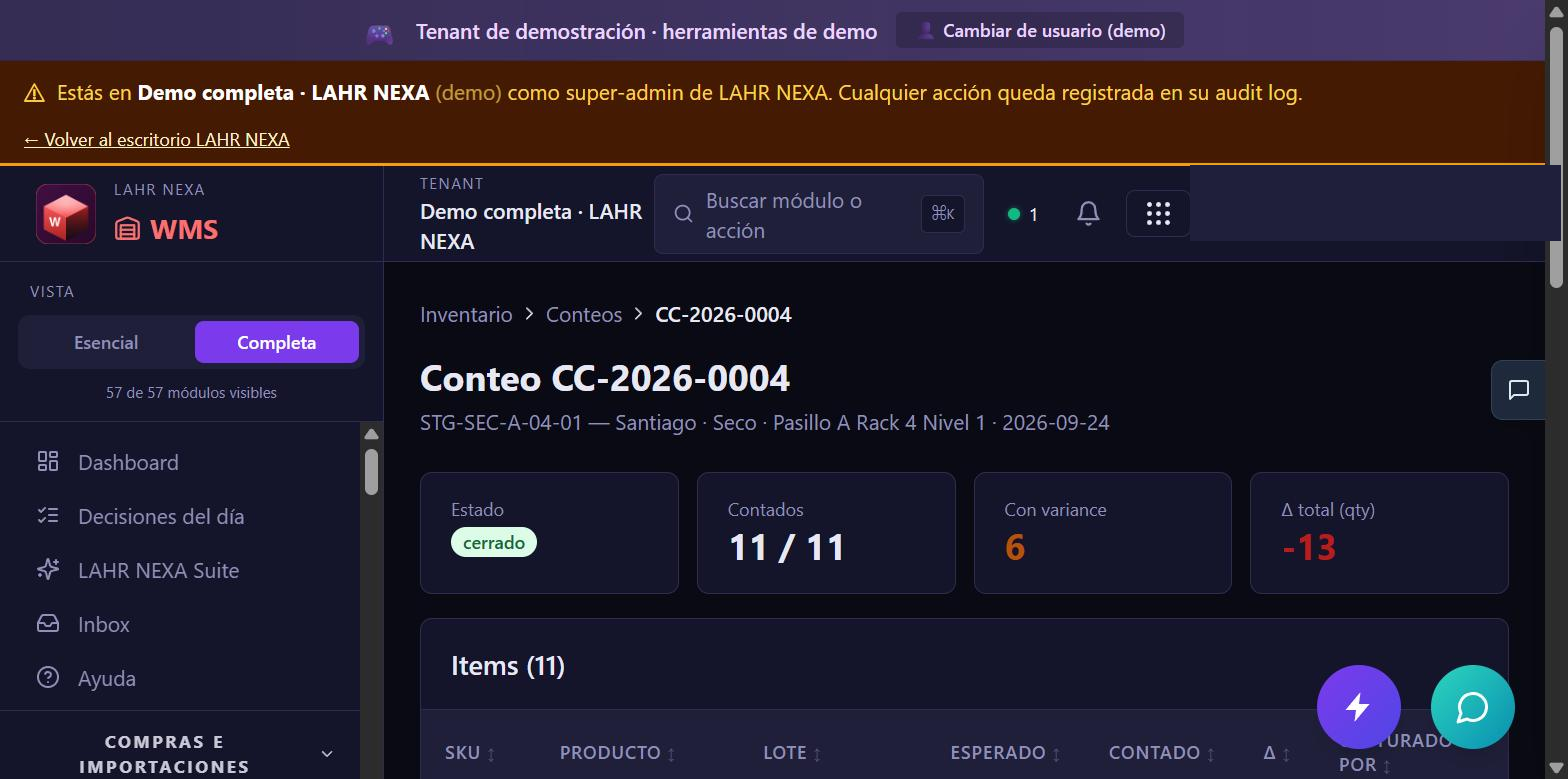 Conteo CC-2026-0004 cerrado en WMS, con 11 de 11 productos contados, 6 con variance y un delta total de -13 unidades.