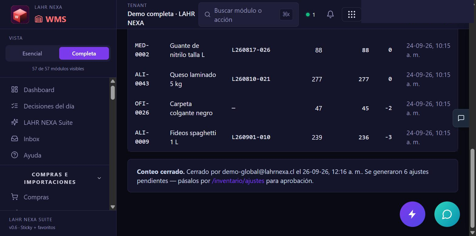 Aviso de cierre del conteo CC-2026-0004 indicando que se generaron 6 ajustes pendientes, con enlace a Inventario → Ajustes.